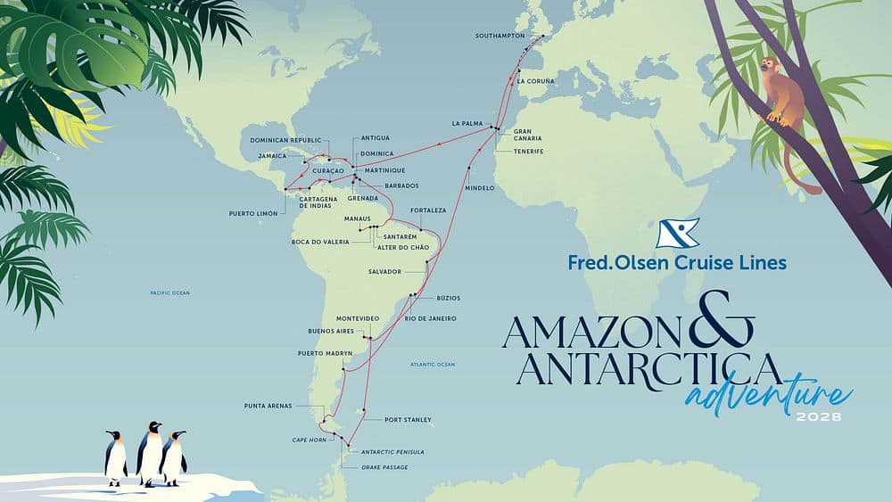 Fred. Olsen Cruise Lines' Amazon Antarctica Adventure 2028 Grand Voyage Map
