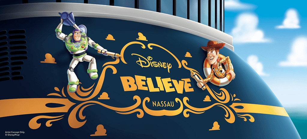 Woody and Buzz Lightyear hitching a ride on the Disney Believe’s stern