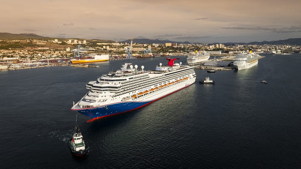 Carnival Freedom departs the shipyard in Marseille, France, en route to Barcelona, Spain