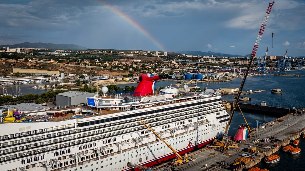 Carnival Freedom showcases her newly installed iconic funnel during dry dock in Marseille, France