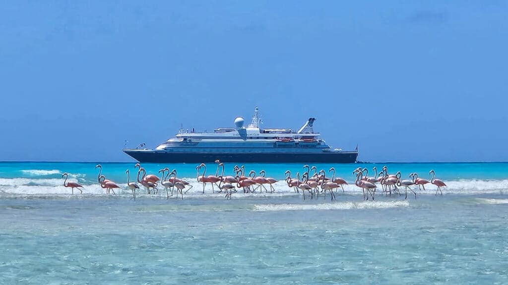 SeaDream Yacht Clubs' SeaDream II anchored off Gordon's Beach, Bahamas