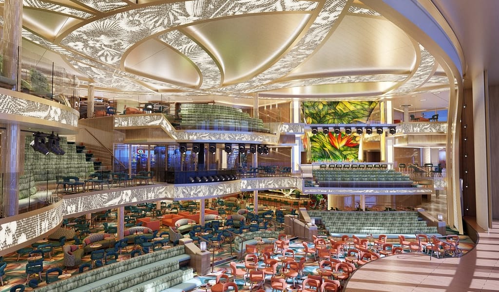 Carnival Tropicale's Grand Central Atrium showcases tropical scenery by day