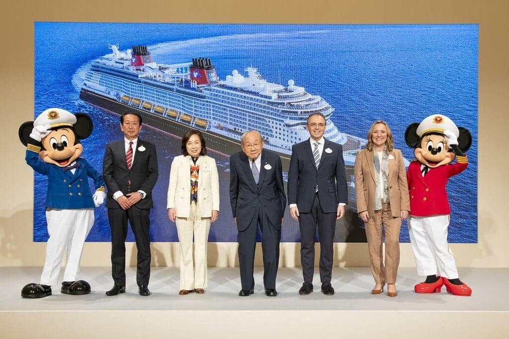 Disney and Oriental Land Co., Ltd. Embark on Expanded Relationship to Launch Disney Cruise Vacations in Japan
From left: Kenji Yoshida, representative director, president and COO, Oriental Land Co.; Yumiko Takano, representative director, chairperson and CEO, Oriental Land Co.; Toshio Kagami, chair of the board of directors, Oriental Land Co.; Thomas Mazloum, president, Disney Signature Experiences; and Sharon Siskie, senior vice president, Disney Cruise Line are joined by Captain Mickey Mouse and Captain Minnie Mouse at Tokyo Disney Resort on July 9, 2024, to celebrate the announcement of a new agreement that will bring year-round Disney cruise vacations to Japan.