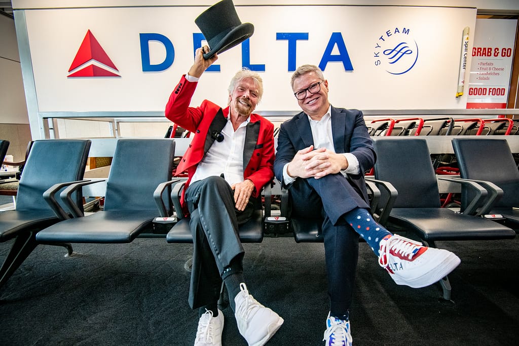 Delta Air Lines ane Virgin Voyages come together to give away a pair of tickets to each passenger on a flight to San Juan, Puerto Rico from Atlanta, Georgia at Hartsfield Jackson international Airport on Thursday February 29, 2024. (Chris Rank/ Rank Studios)