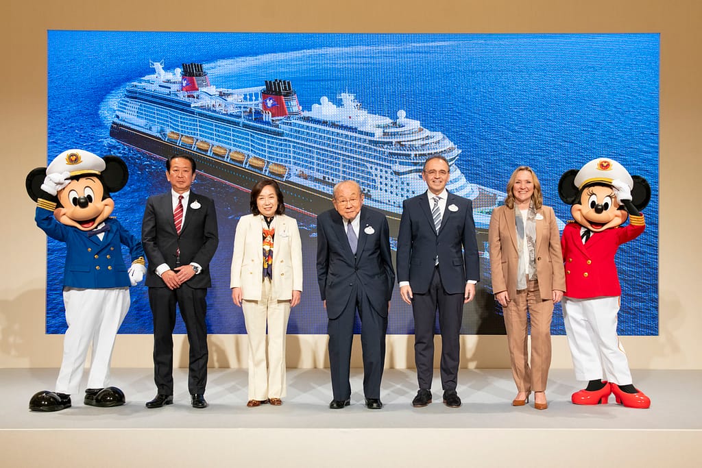Disney and Oriental Land Co., Ltd. Embark on Expanded Relationship to Launch Disney Cruise Vacations in Japan
From left: Kenji Yoshida, representative director, president and COO, Oriental Land Co.; Yumiko Takano, representative director, chairperson and CEO, Oriental Land Co.; Toshio Kagami, chair of the board of directors, Oriental Land Co.; Thomas Mazloum, president, Disney Signature Experiences; and Sharon Siskie, senior vice president, Disney Cruise Line are joined by Captain Mickey Mouse and Captain Minnie Mouse at Tokyo Disney Resort on July 9, 2024, to celebrate the announcement of a new agreement that will bring year-round Disney cruise vacations to Japan.