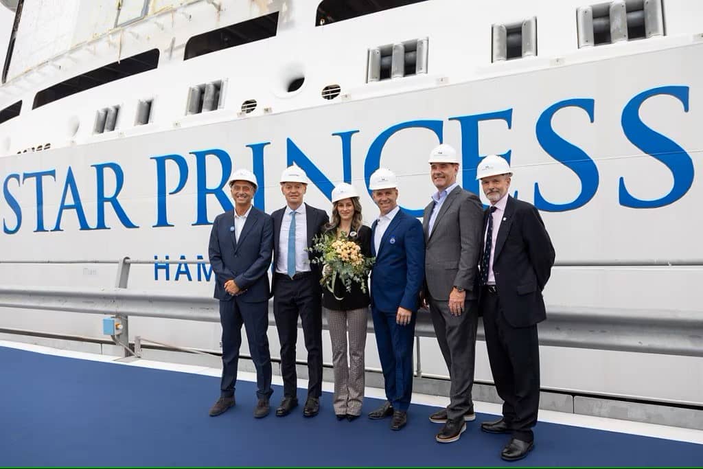 Attendees at Star Princess Float Out Ceremony - L-R: Gennaro Arma, Star Princess Captain; Cristiano Bazzara, Fincantieri Shipyard Director; Chiara Del Vecchio, Sun Princess Madrina; John Padgett, Princess Cruises President; Remco Buis, Princess Cruises Senior Vice President, Marine Operations; Nick Nash, Princess Cruises Commodore and Star Princess Captain