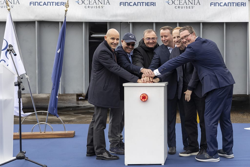 Oceania Cruises and Fincantieri team at the shipyard in Marghera, laying the keel of Oceania Sonata. From left to right: Marco Lunardi, Senior Vice President, Fincantieri Marghera Shipyard; Franco Semeraro, Chief Experience Officer, Oceania Cruises; Luigi Matarazzo, General Manager, Fincantieri Merchant Ships Division; Jason Montague, Chief Luxury Officer, Oceania Cruises; Harry Sommer, President and CEO, Norwegian Cruise Line Holdings Ltd; Patrik Dahlgren, Executive Vice President, Chief Vessel Operations & New Build Officer, Norwegian Cruise Line Holdings Ltd