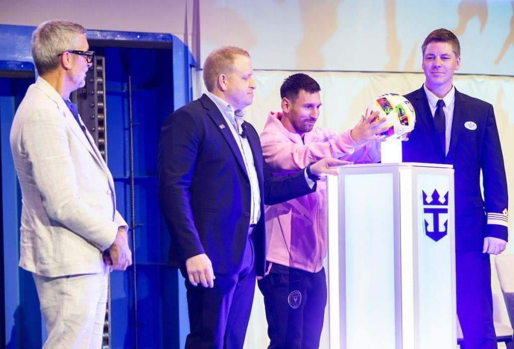 Royal Caribbean debuts its newest ship, Icon of the Seas. Naming ceremony. Michael Bailey Royal Caribbean International president and CEO, Jason Liberty President and CEO of Royal Caribbean Group, Lionel Messi and Captain Henrik Loy.