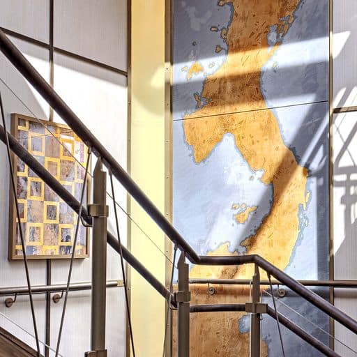 Seabourn Pursuit - Atrium Staircase Graphic Glass Panels - ©2023 Seabourn Cruise Lines, Inc