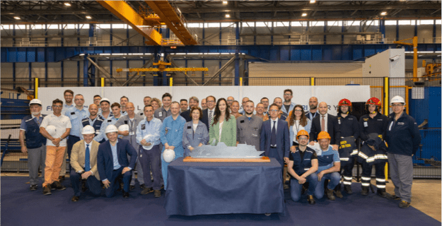 The ceremonial steel cutting of Crystal Grace, the brand’s newest ocean ship, at the Fincantieri shipyard in Marghera, Italy