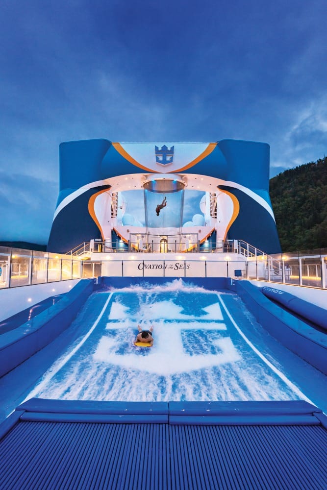 Ovation of the Seas' top-deck adventures include Royal Caribbean’s signature FlowRider surf simulator and skydiving on RipCord by iFly