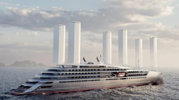 3D image of Swap2Zero project. In the call for tenders process, two sail propulsion systems
are being considered, above is Ayro Oceanwings® technology. Photo credits: ©STIRLING DESIGN INTERNATIONAL © PONANT