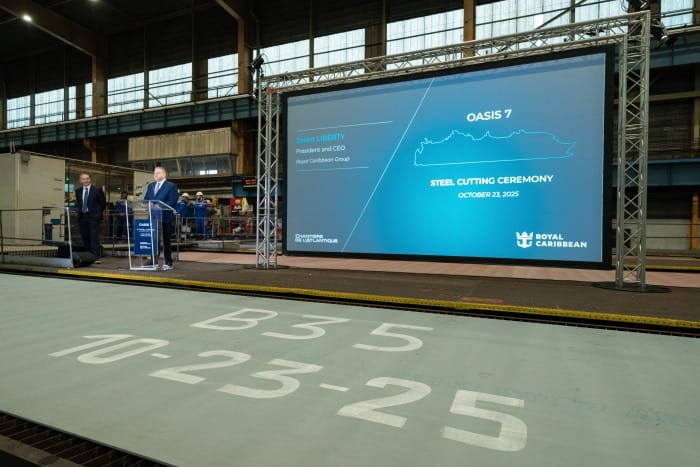 Royal Caribbean’s seventh Oasis Class ship is officially under way. The start of the newest game-changing vacation’s construction was marked at the Chantiers de l’Atlantique shipyard in Saint-Nazaire, France, with a steel-cutting ceremony