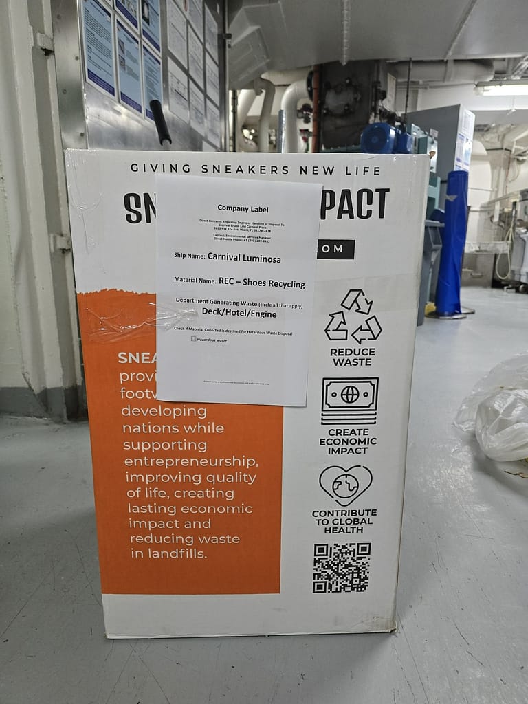Sneaker Impact donation box on Carnival Luminosa