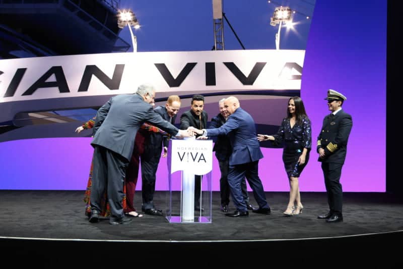 Harry Sommer, President and CEO of Norwegian Cruise Line Holdings Ltd., Luis Fonsi, global music sensation and godfather to the new Norwegian Viva and Norwegian Cruise Line President David J. Herrera in Miami to officially name and christen the second ship in the groundbreaking Prima Class on November 28, 2023 in Miami, Florida.