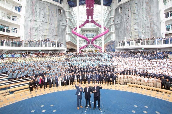 Royal Caribbean International welcomes the ultimate short getaway, Utopia of the Seas, to the family with a celebration at the Chantiers de l’Atlantique shipyard in Saint-Nazaire, France. In just five weekends, on July 19, the new vacation will be the first of its kind to debut with 3- and 4-night getaways from Port Canaveral (Orlando), Florida.