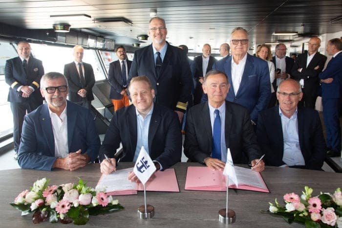 After more than two years of construction, Royal Caribbean International welcomes Utopia of the Seas to the family. A celebration took place in Saint-Nazaire, France, with 1,400-plus crew members and workers, Royal Caribbean Group President and CEO Jason Liberty, Royal Caribbean International President and CEO Michael Bayley, Chantiers de l’Atlantique General Manager Laurent Castaing and Chantiers de l’Atlantique Senior Vice President of Operations Jean-Yves Jaouen. The ultimate short getaway will now get party ready with its finishing touches before its big July debut in Port Canaveral (Orlando), Florida.
