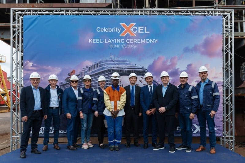 Royal Caribbean Group and Chantiers de l'Atlantique teams celebrate the Celebrity Xcel keel laying. (L to R) Jean-Yves Jaouen, Chantiers de l'Atlantique Operations Senior Vice President; Eric Perennou, Chantiers de l'Atlantique Senior Project Manager; Harri Kulovaara, Royal Caribbean Group Executive Vice President Maritime and Newbuilding;  Beatrice Siri, Royal Caribbean Group Associate Vice President Newbuilding; Laura Hodges Bethge, Celebrity Cruises President; Vasilé Sofronia, Chantiers de l'Atlantique welder; Laurent Castaing, Chantiers de l'Atlantique General Manager; Arnaud Le Joncour, Chantiers de l'Atlantique Senior Vice President of Sales and Marketing; Jason Liberty, Royal Caribbean Group President and CEO; Keith Lane, Celebrity Cruises Senior Vice President Hotel Operations; Robert Flack Celebrity Cruises Associate Vice President Hotel Operations