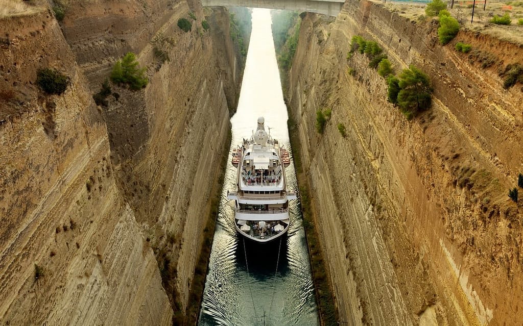 TIGHT SQUEEZE: SeaDream Yacht Club ventures where the big ship can't, including transits of the fabled Corinth Canal in Greece