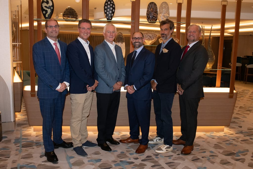 From left to right: Dan S. Farkas, NCLH Executive Vice President General Counsel & Assistant Secretary; Patrik Dahlgren, NCLH Executive Vice President of Vessel Operations; Robin Lindsay, NCLH Executive Vice President of Newbuild & Refurbishment; Jeffrey Anderson, NCLH Vice President and Assistent General Counsel, Claims; Marco Pastorino, Managing Director of Independent Maritime Advisors Ltd., Mark Kansley, NCL Senior Vice President of Hotel Operations.