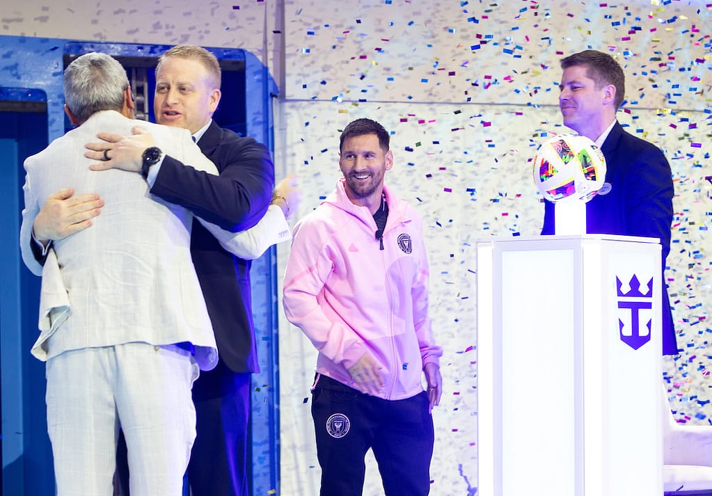 Royal Caribbean debuts its newest ship, Icon of the Seas. Naming ceremony. Michael Bailey Royal Caribbean International president and CEO, Jason Liberty President and CEO of Royal Caribbean Group, Lionel Messi and Captain Henrik Loy.
