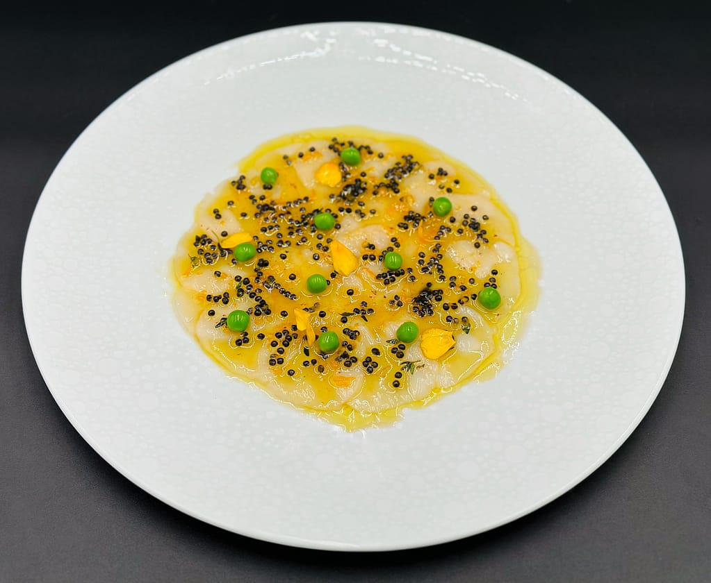 Sea Scallops Escabeche, Caviar and Clementine Dressing,  Green Peas, Fresh Thyme